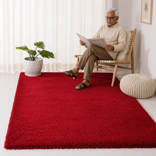 Red Plain Microfiber Shaggy Area Rug – High-Pile Soft Decorative Floor Mat