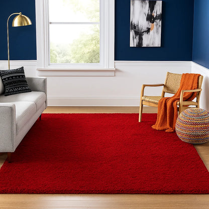 Red Plain Microfiber Shaggy Area Rug – High-Pile Soft Decorative Floor Mat