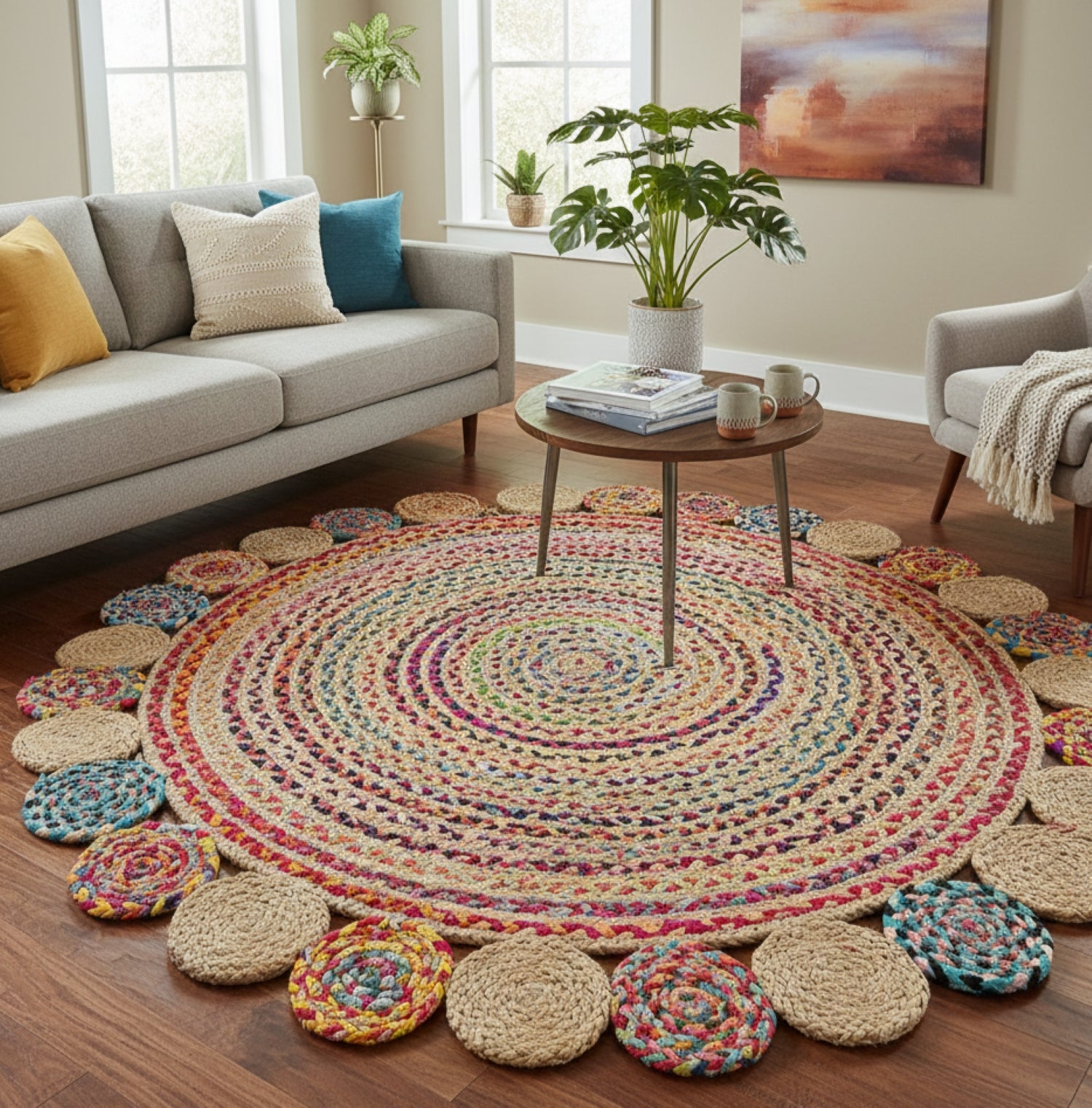 Living room with a colorful circular rug and various decor items.