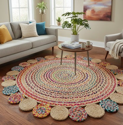 Living room with a colorful circular rug and various decor items.