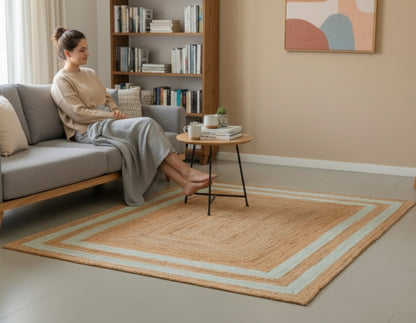 Square jute rug – Bohemian natural – White Cotton With Natural Jute