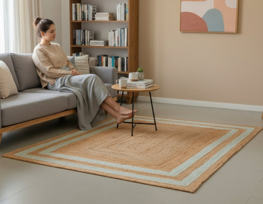 Square jute rug – Bohemian natural – White Cotton With Natural Jute
