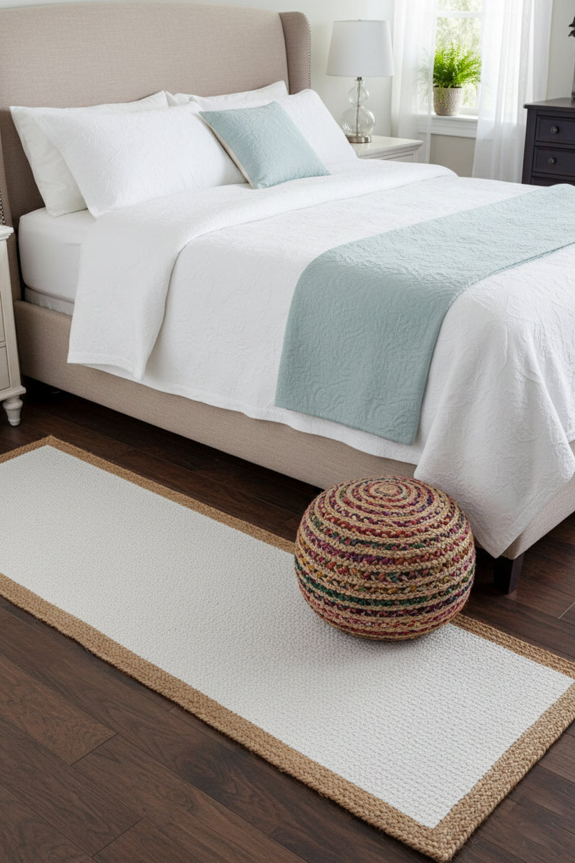 Handcrafted Jute & Cotton Braided Runner – White with Natural Border